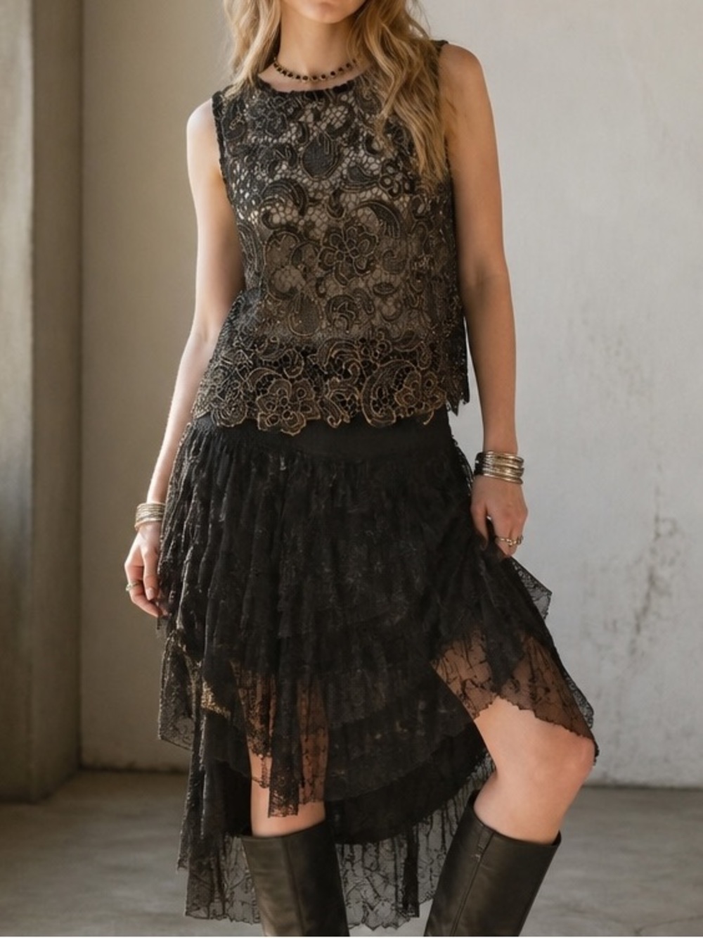 Sans Souci Women's Black & Gold Lace Overlay Sleeveless Top